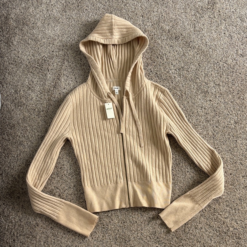Aerie Beige Ribbed Hoodie Cardigan